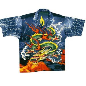 Vintage Traditional Japanese Dragon All Over Print Button Short Sleeve Shirt XXL